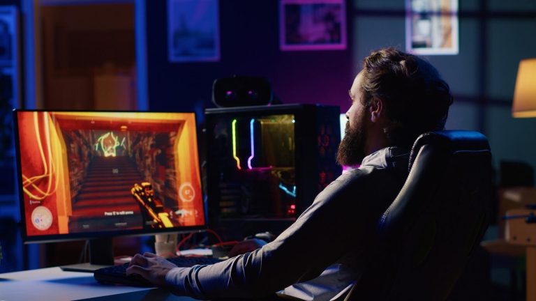 player reaching final mission fps videogame battling flying robots shooting laser bullets 482257 87937